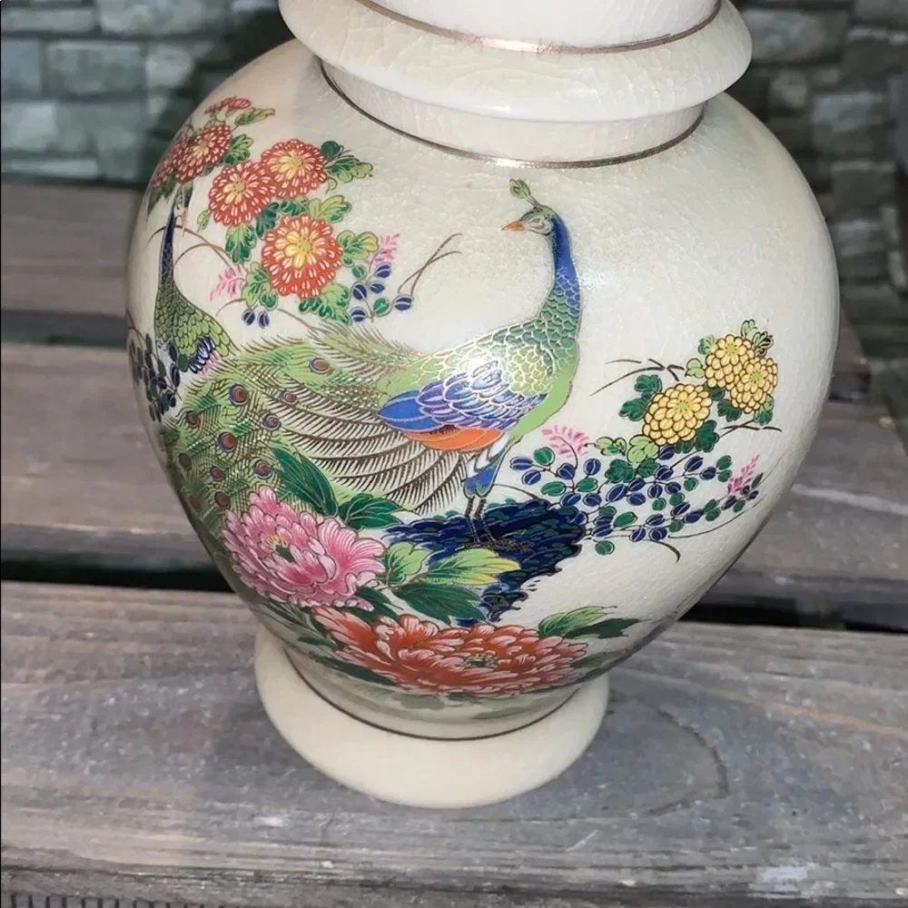 Vintage Asian vase peacock detail